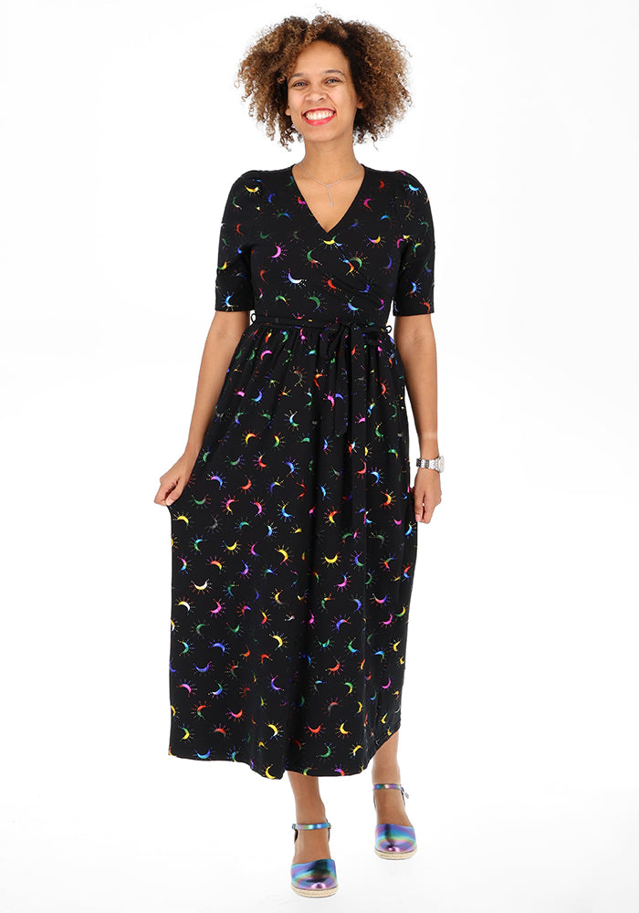 Ninth angle of Viviana Rainbow Foil Moons Print Cotton Midaxi Dress