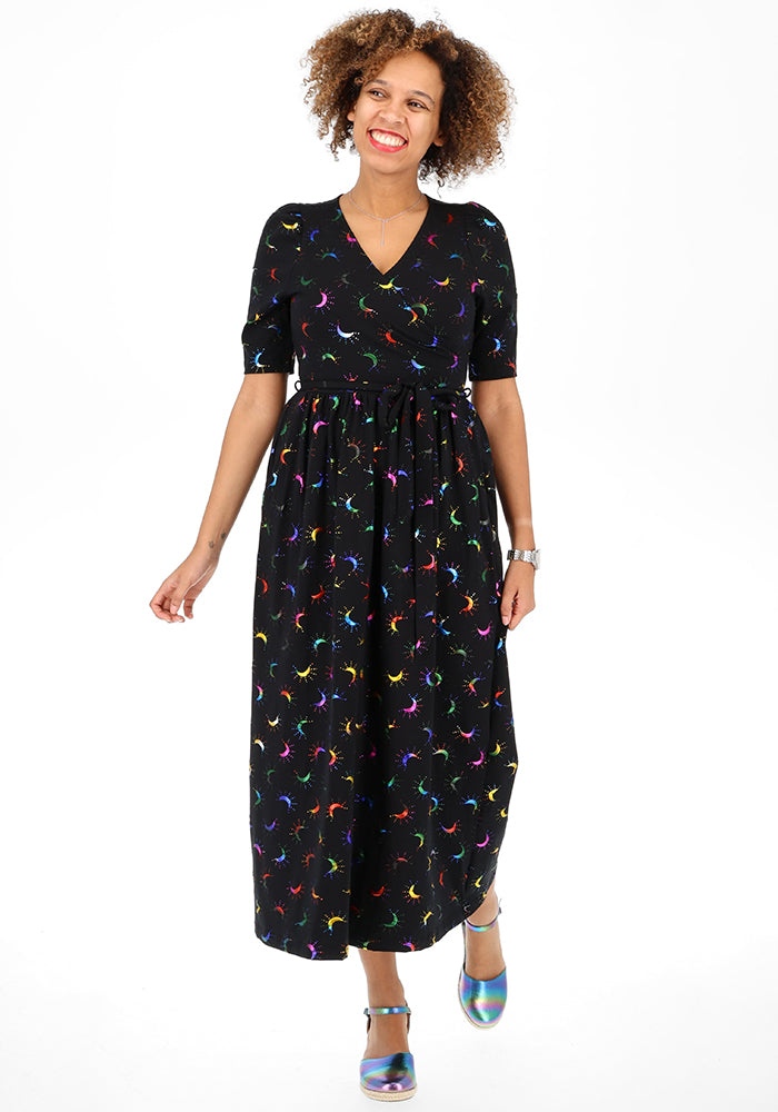 Third angle of Viviana Rainbow Foil Moons Print Cotton Midaxi Dress