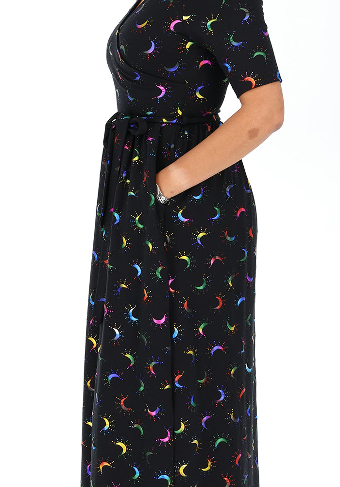Seventh angle of Viviana Rainbow Foil Moons Print Cotton Midaxi Dress