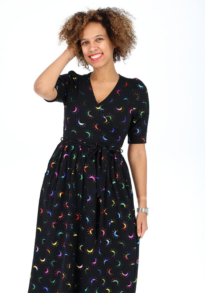 Fifth angle of Viviana Rainbow Foil Moons Print Cotton Midaxi Dress