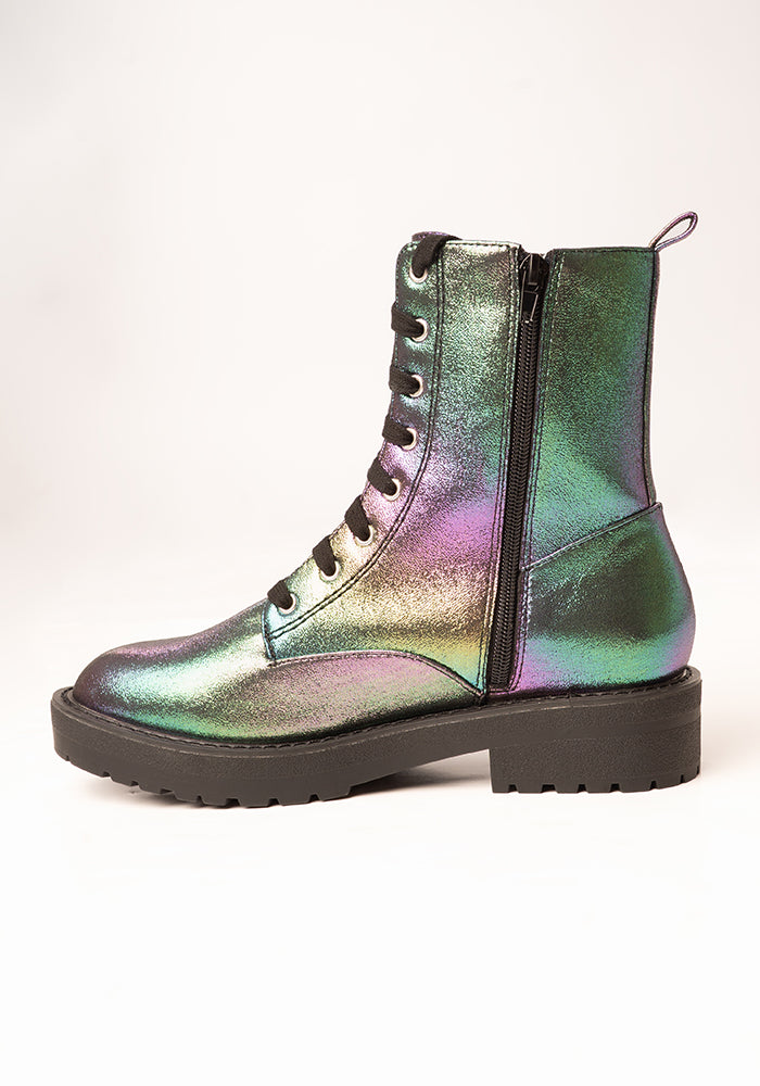 Front view of Rainbow Metallic Lace Up Boot