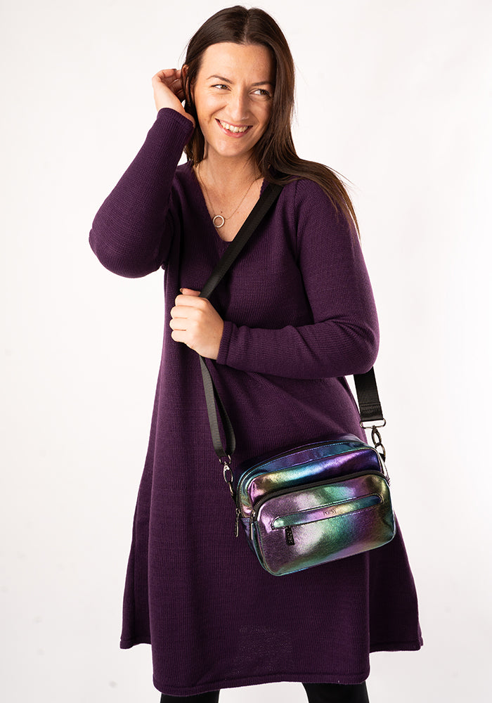 Second angle of Rainbow Metallic Front Pocket Camera Bag