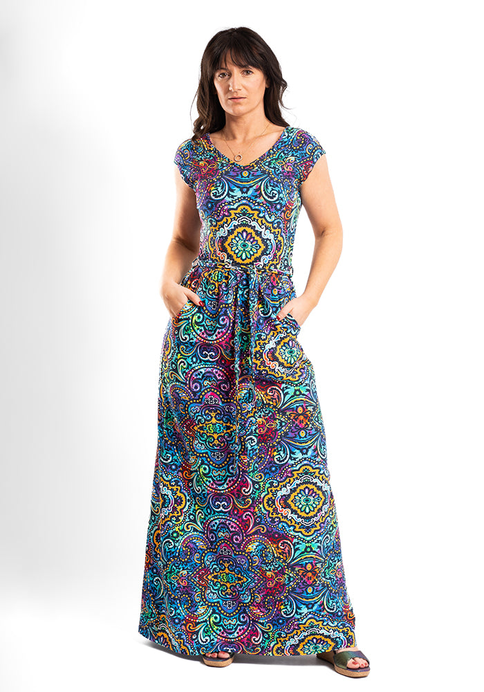 Kayce Rainbow Paisley Tile Print Cotton Maxi Dress