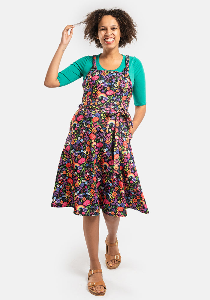 Front view of Tamar Rainbow Garden Print Pinafore