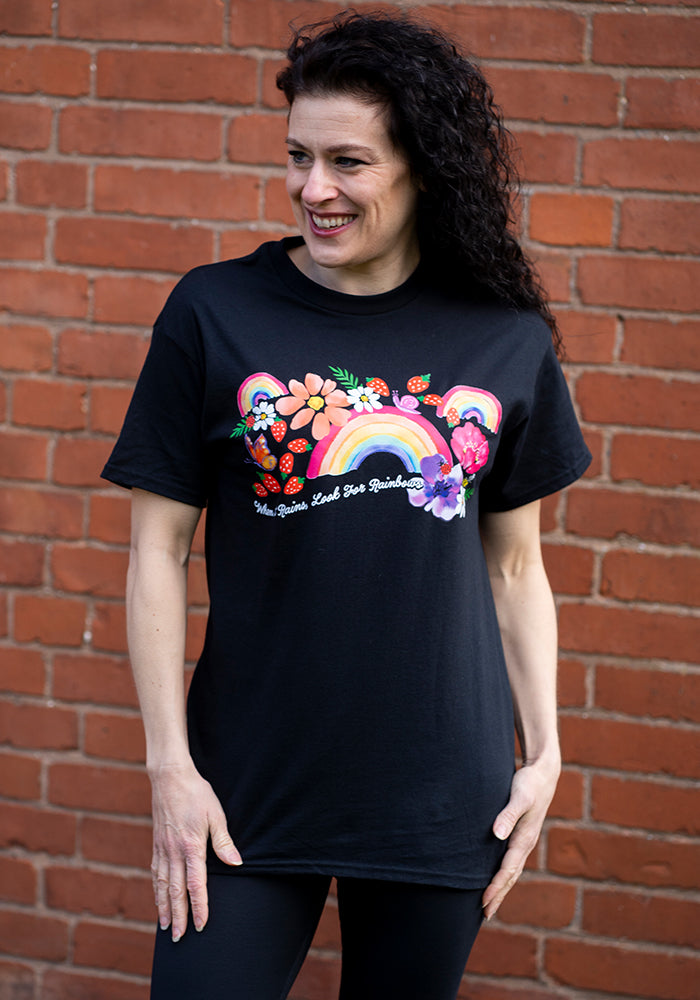 Front view of Rainbow Graphic Print T-Shirt (Black)