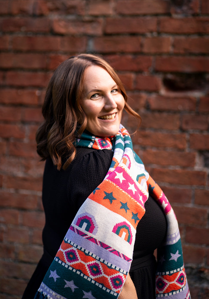 Front view of Rainbow Jacquard Knitted Scarf