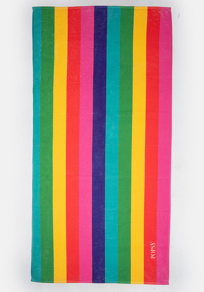 Front view of Large Rainbow Stripe Print Towel