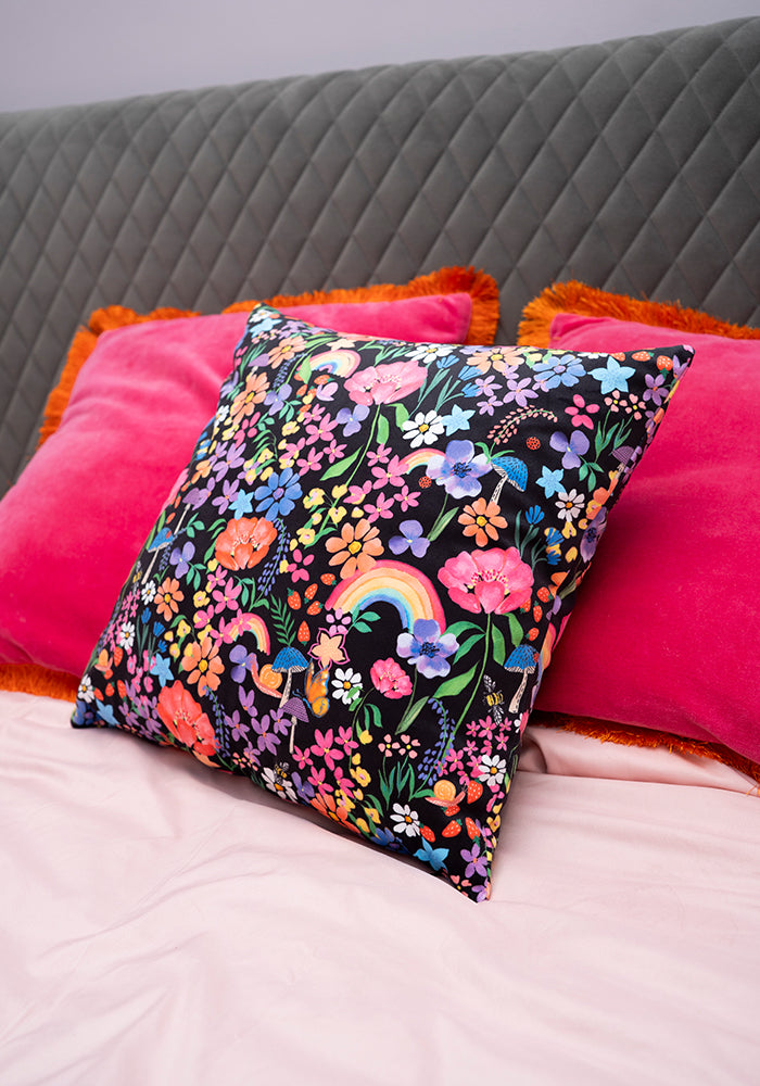 Front view of Garden Rainbow Print Cushion Cover