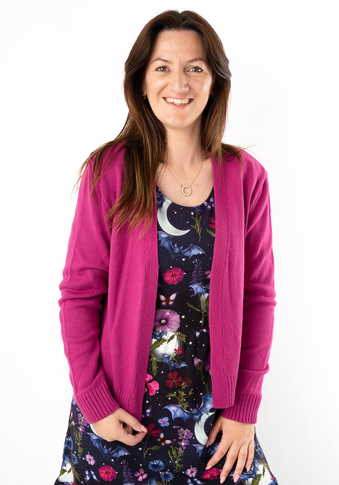 Front view of Raspberry Ribbed Cuff Cardigan