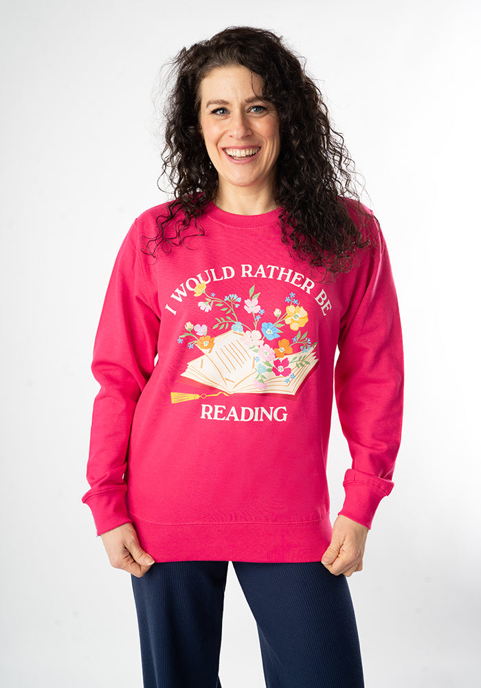 Sixth angle of Rather Be Reading Print Sweatshirt (Hot Pink)