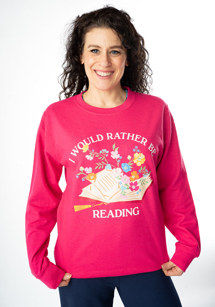 Fourth angle of Rather Be Reading Print Sweatshirt (Hot Pink)