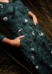 **PRE-ORDER ** Noctura Teal Raven Print Dress **PRE-ORDER**