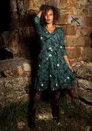 **PRE-ORDER ** Noctura Teal Raven Print Dress **PRE-ORDER**