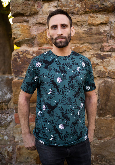 Ravenna Teal Raven Print Cotton T-Shirt