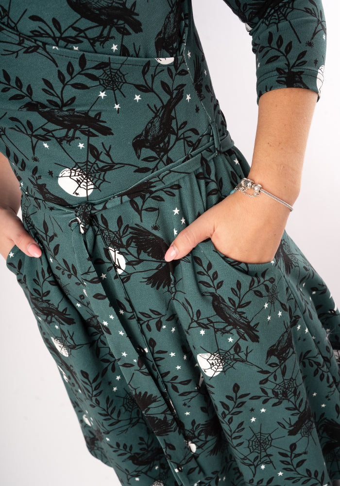 **PRE-ORDER ** Noctura Teal Raven Print Dress **PRE-ORDER**