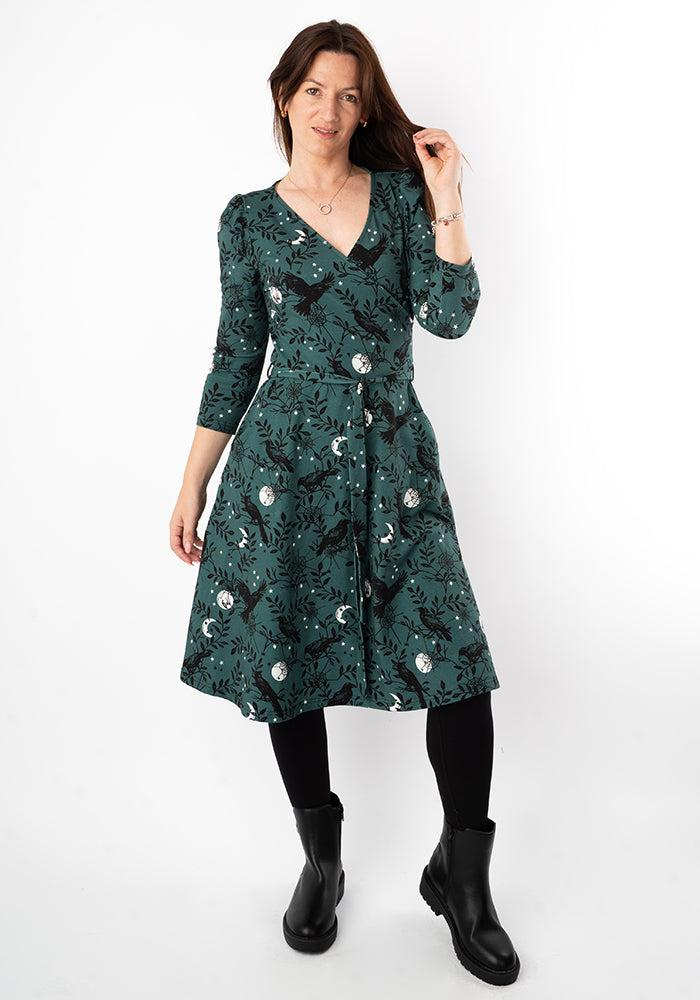 **PRE-ORDER ** Noctura Teal Raven Print Dress **PRE-ORDER**