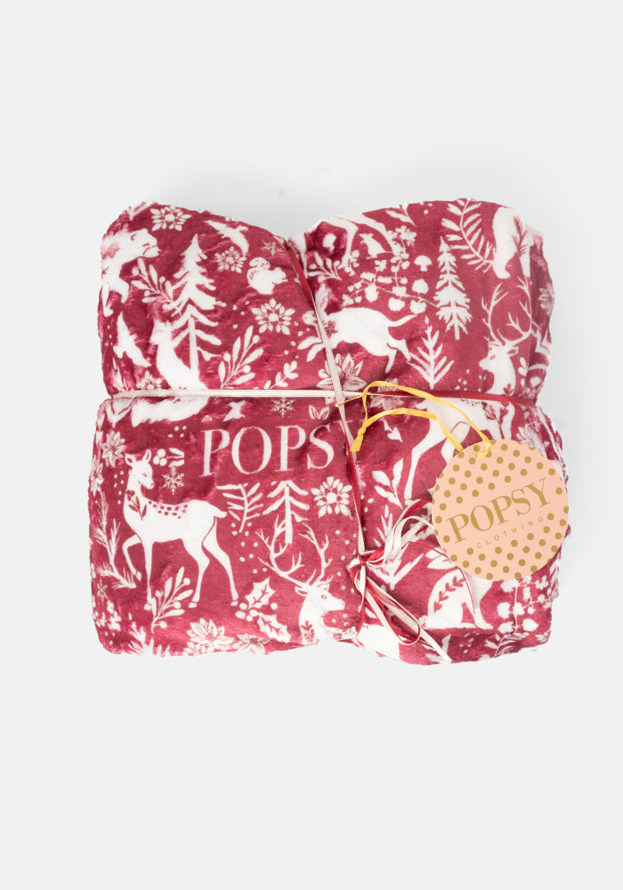 Pop-under Red Winter Woodland Print Plush Blanket