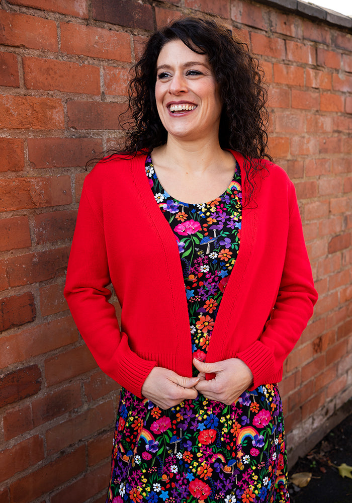 Sixth angle of Red Ribbed Cuffed Cardigan