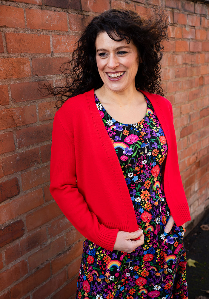 Fourth angle of Red Ribbed Cuffed Cardigan