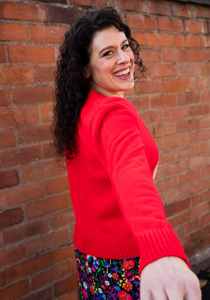 Third angle of Red Ribbed Cuffed Cardigan