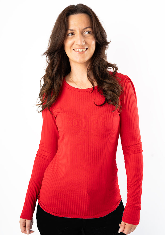 Front view of Red Ribbed Long Sleeve Top
