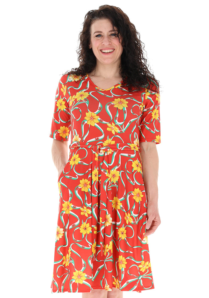 Third angle of Red Wales Print Flat Waist Jersey Dress, a bold red jersey dress from Popsy Clothing.