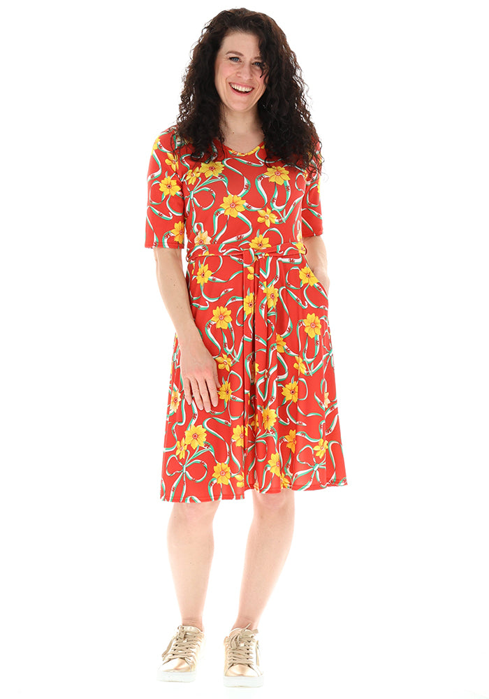 Fifth angle of Red Wales Print Gathered Waist Jersey Dress