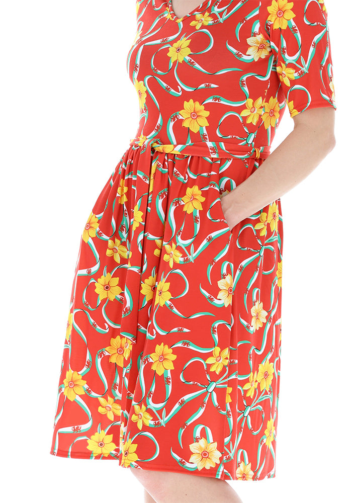 Fourth angle of Red Wales Print Gathered Waist Jersey Dress