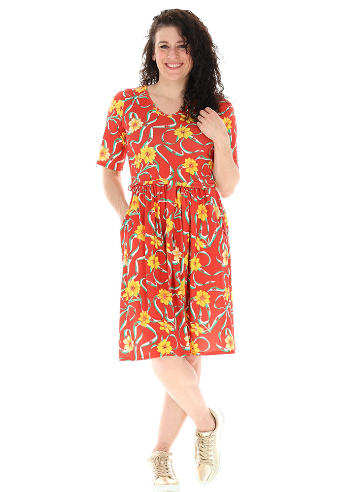 Third angle of Red Wales Print Gathered Waist Jersey Dress