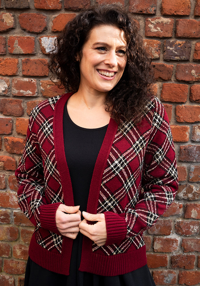 Front view of Wine &amp; Gold Lurex Check Cardigan