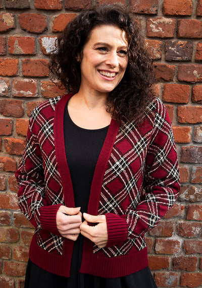 Wine & Gold Lurex Check Cardigan