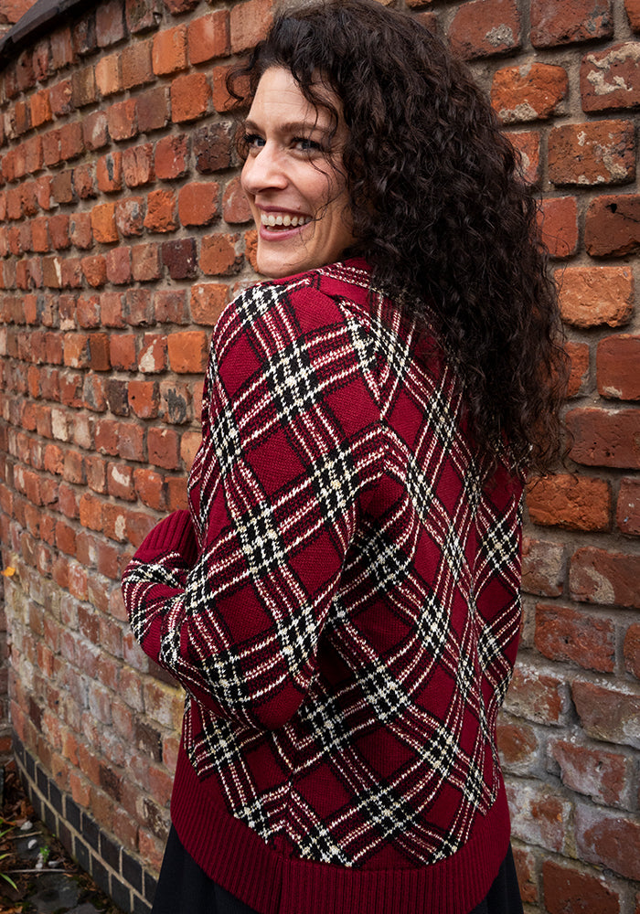 Wine & Gold Lurex Check Cardigan