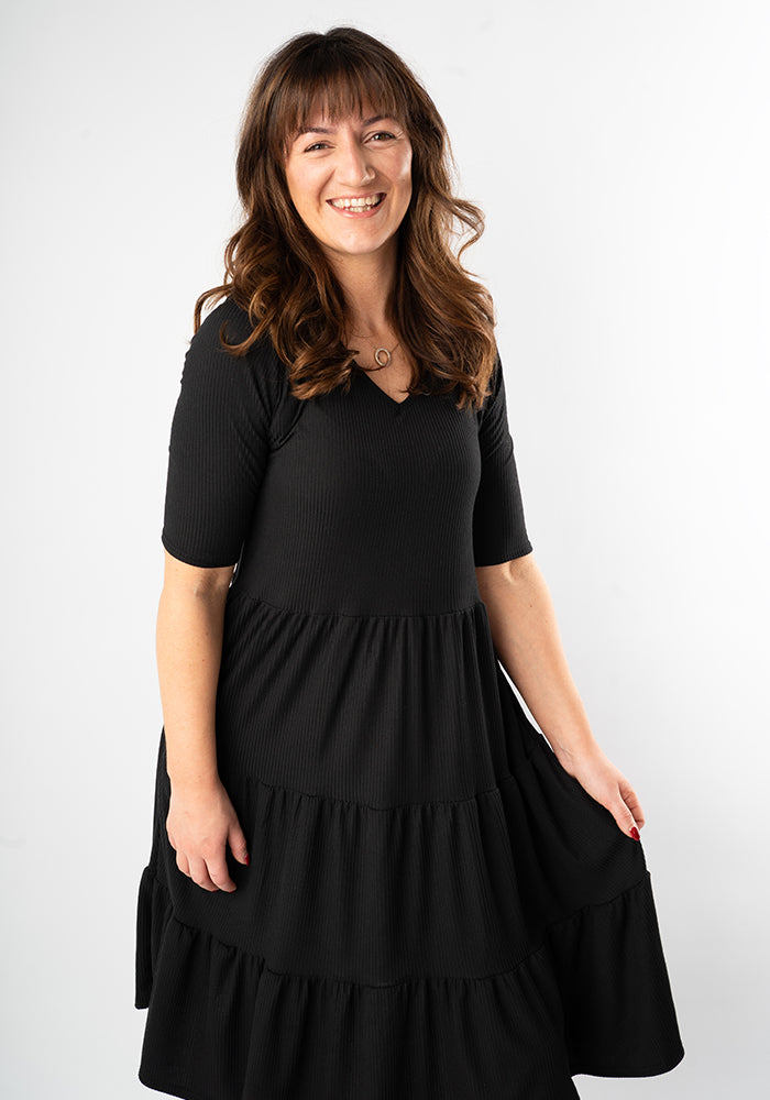 Reed Black Rib Brush Tiered Hem Dress