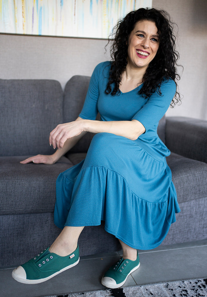 Front view of Reed Blue Rib Brush Tiered Hem Dress
