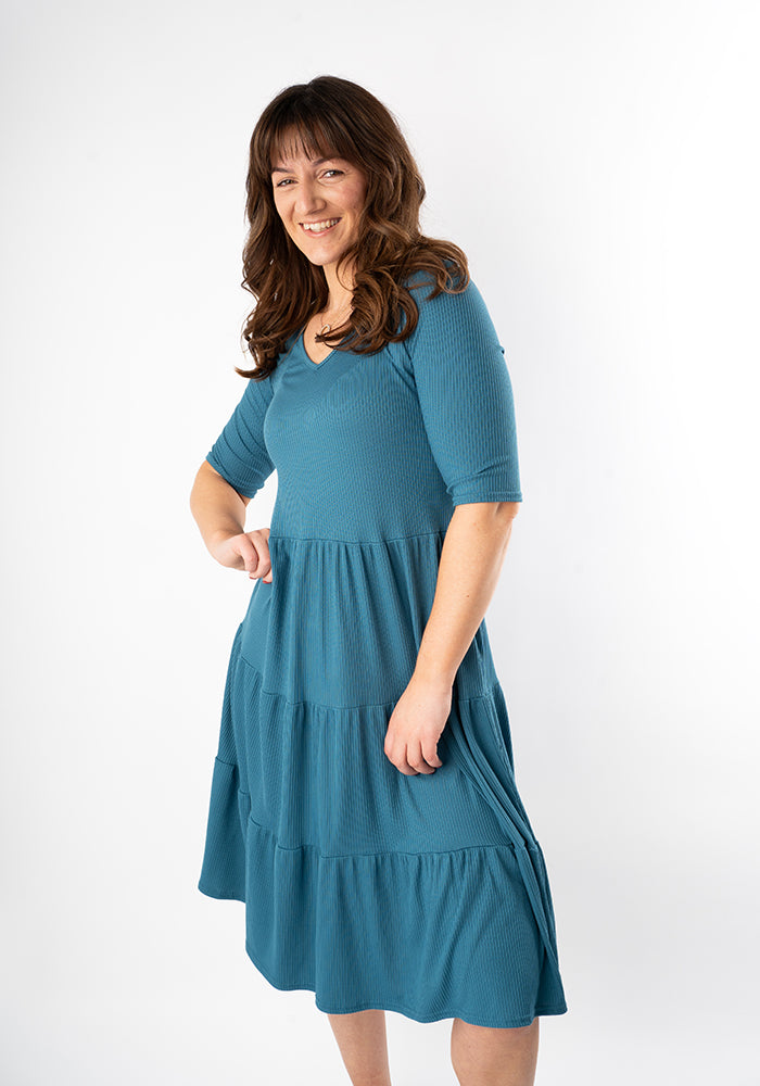 Sixth angle of Reed Blue Rib Brush Tiered Hem Dress