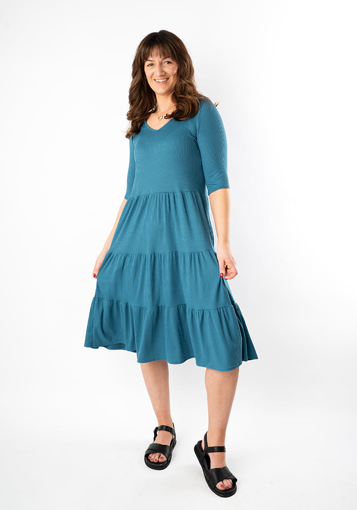 Fourth angle of Reed Blue Rib Brush Tiered Hem Dress