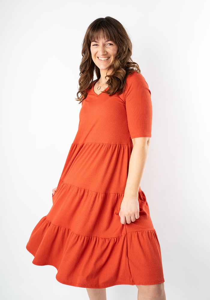 Third angle of Reed Rust Rib Brush Tiered Hem Dress