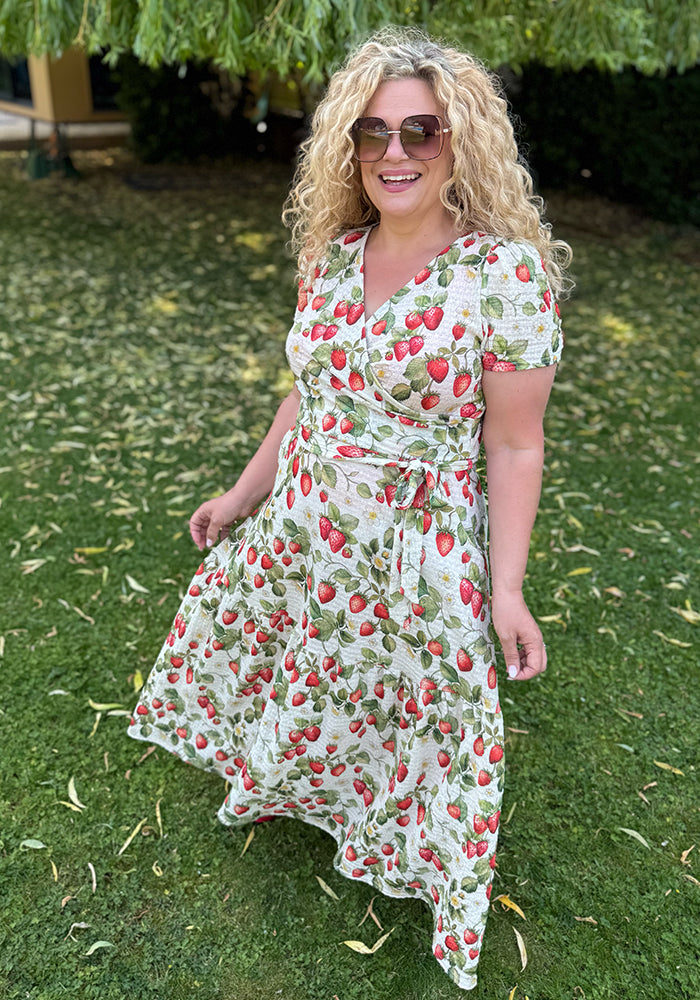 Second angle of Rella Cream Strawberries Print Tiered Hem Midaxi Dress