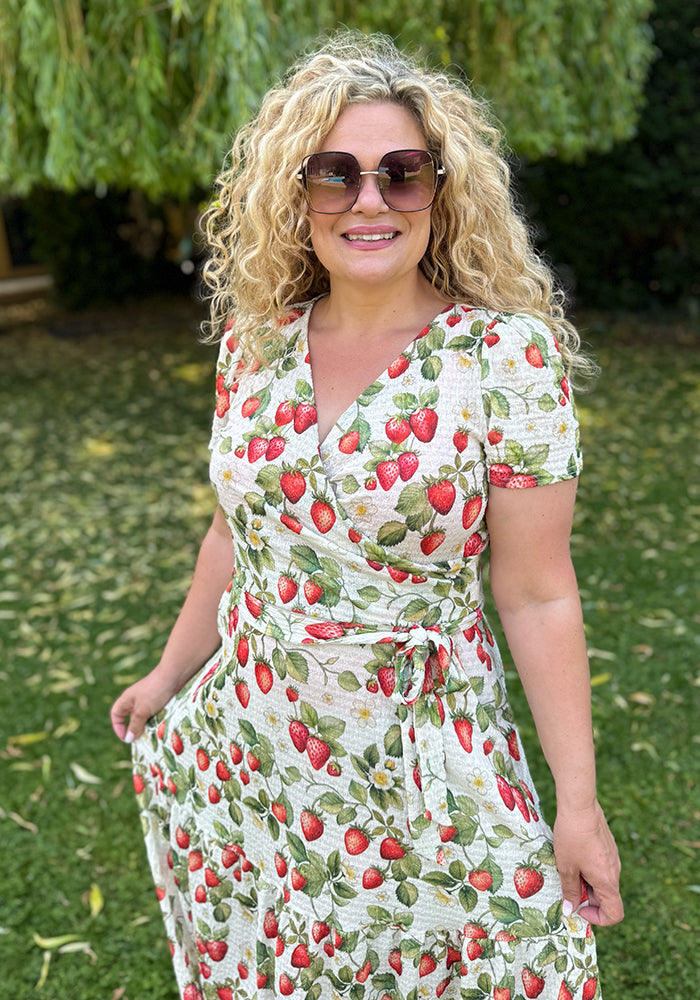 Fourth angle of Rella Cream Strawberries Print Tiered Hem Midaxi Dress