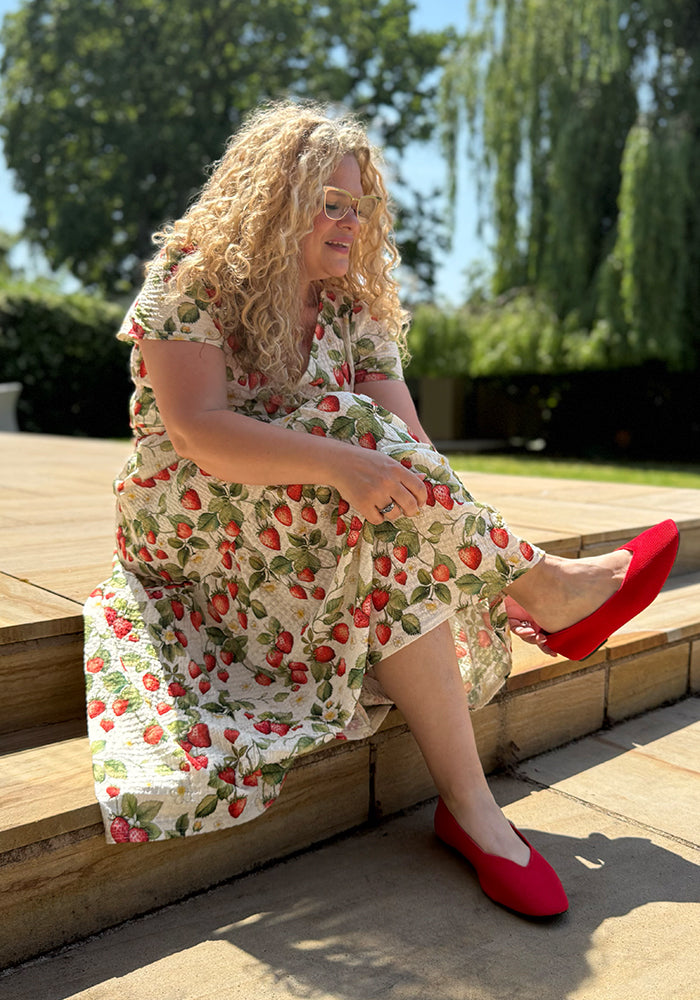 Third angle of Rella Cream Strawberries Print Tiered Hem Midaxi Dress