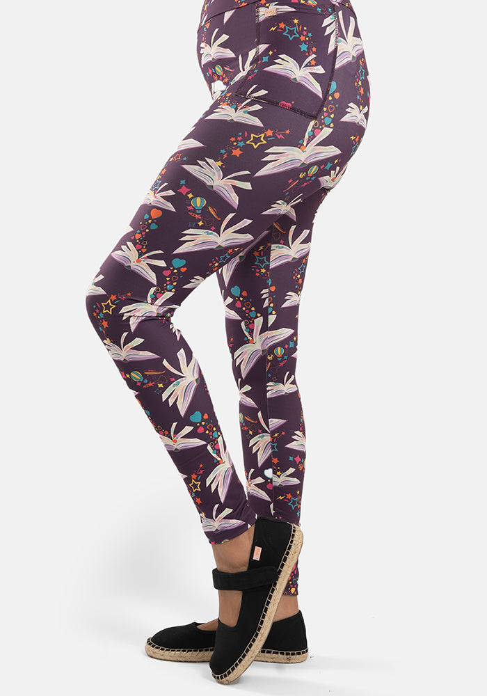 Front view of Rene Purple Book Print Popsy Leggings