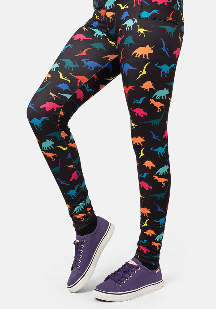 Front view of Rene Bright Dinosaur Print Popsy Leggings