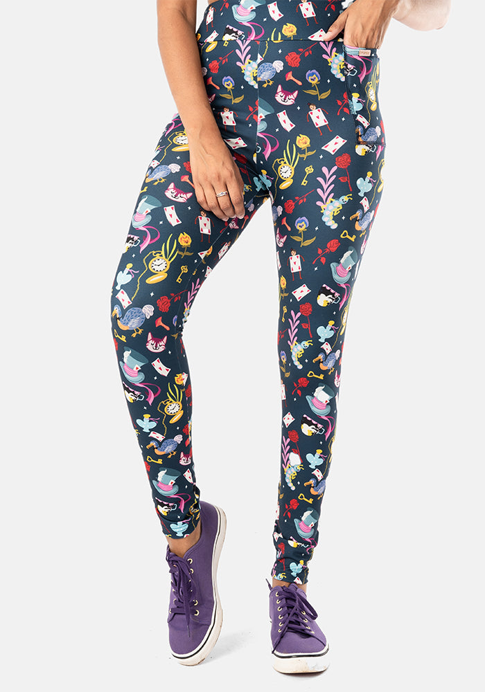 Front view of Rene Hatters Tea Party Print Popsy Leggings