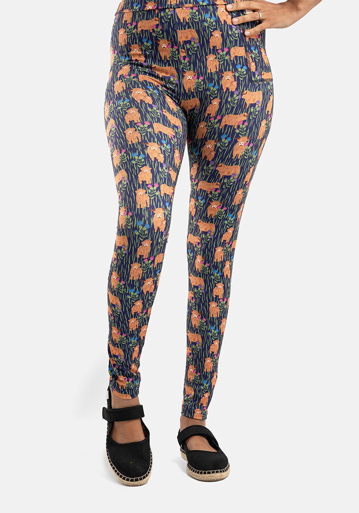 Front view of Rene Highland Cow Print Popsy Leggings