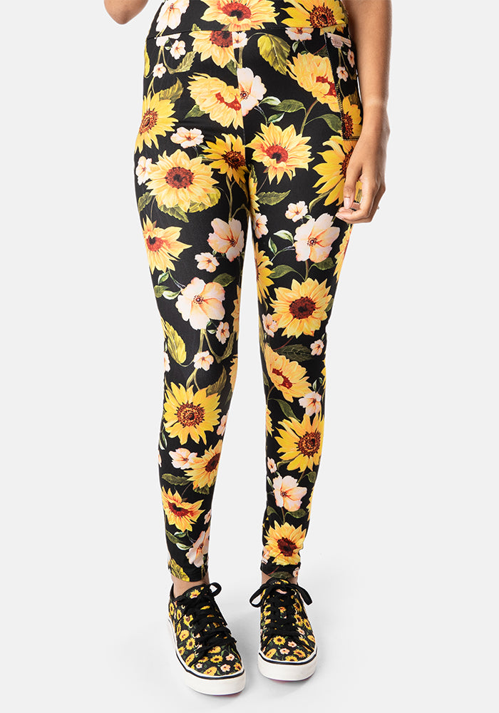 Front view of Rene Sunflower Print Popsy Leggings