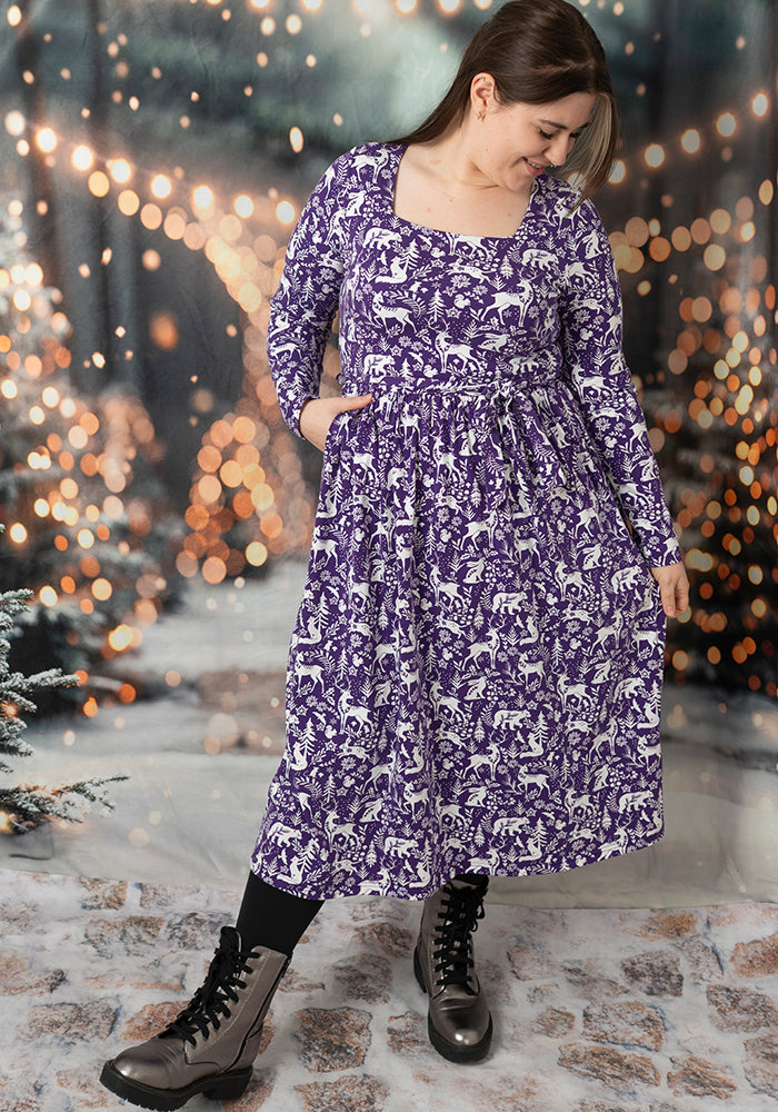 Reene Purple Woodland Animal Print Cotton Midi Dress