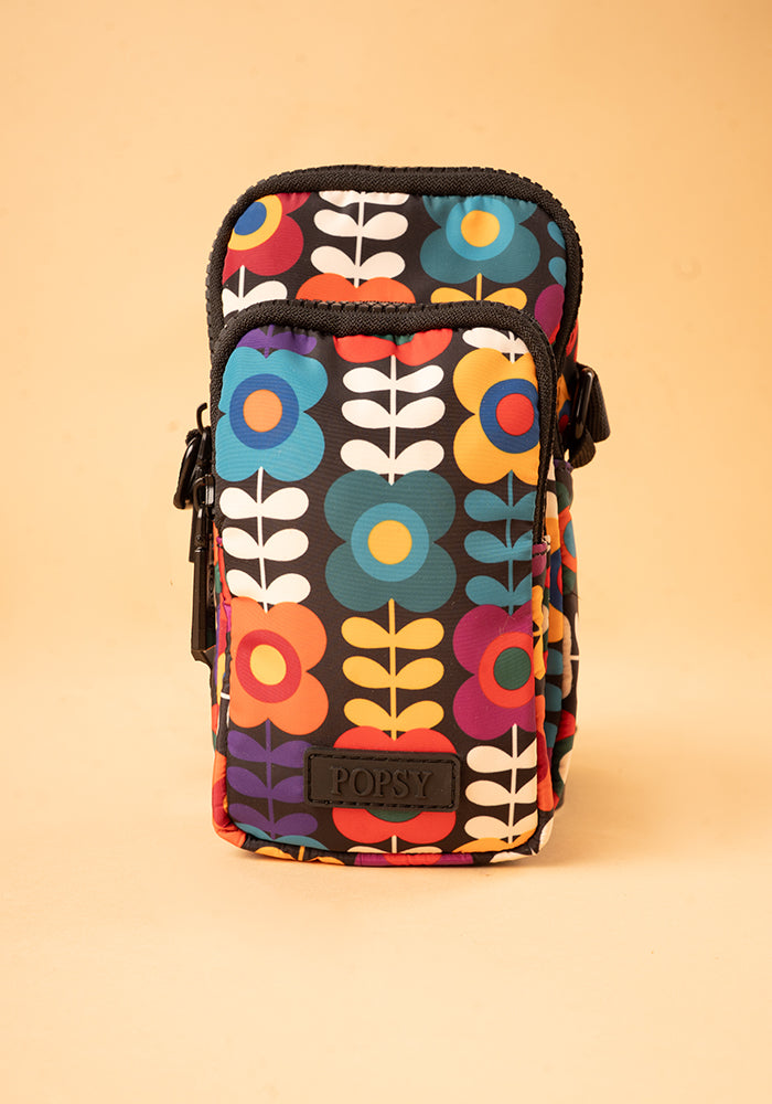 Front view of Retro Flower Print Phone Pocket Bag, phone Pocket Bag with Retro Flower Pattern.