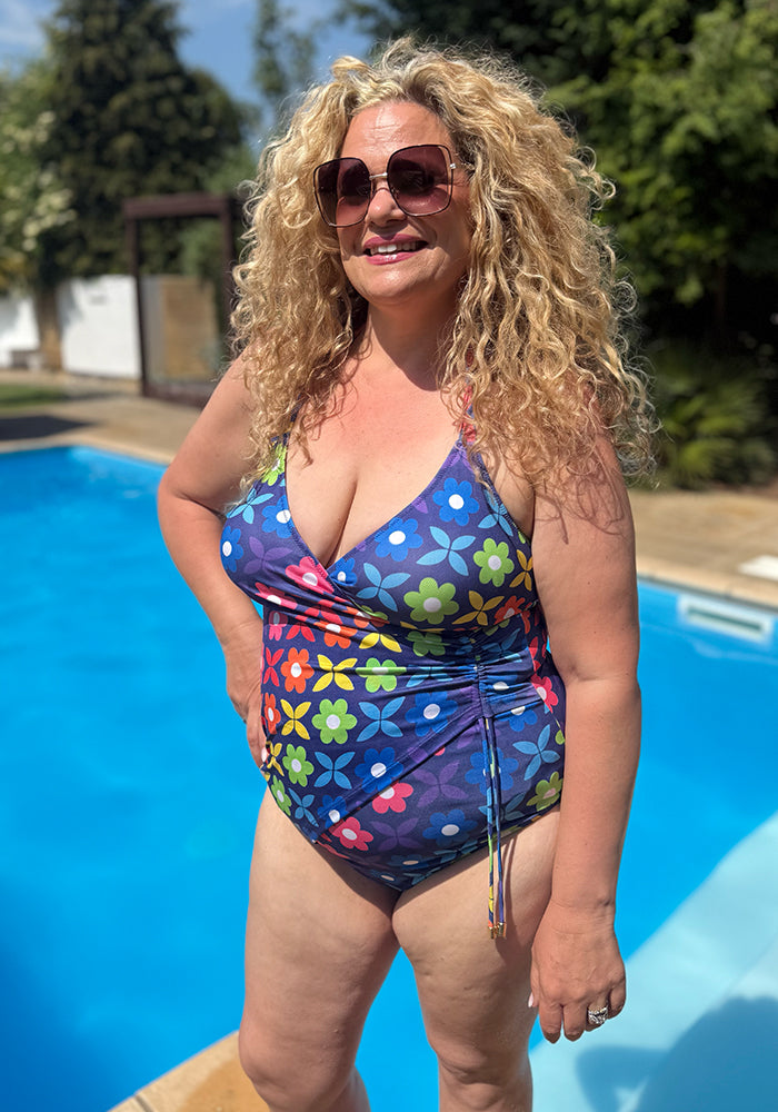 Front view of Retro Flower Print Halter Neck Swimsuit