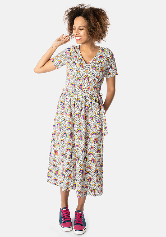 Front view of Revel Summer Rainbow Print Cotton Midi Dress
