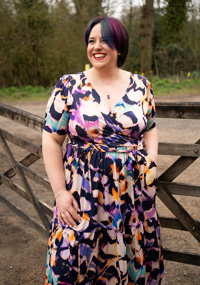 Reverie Abstract Butterfly Wing Print Tiered Midaxi Dress